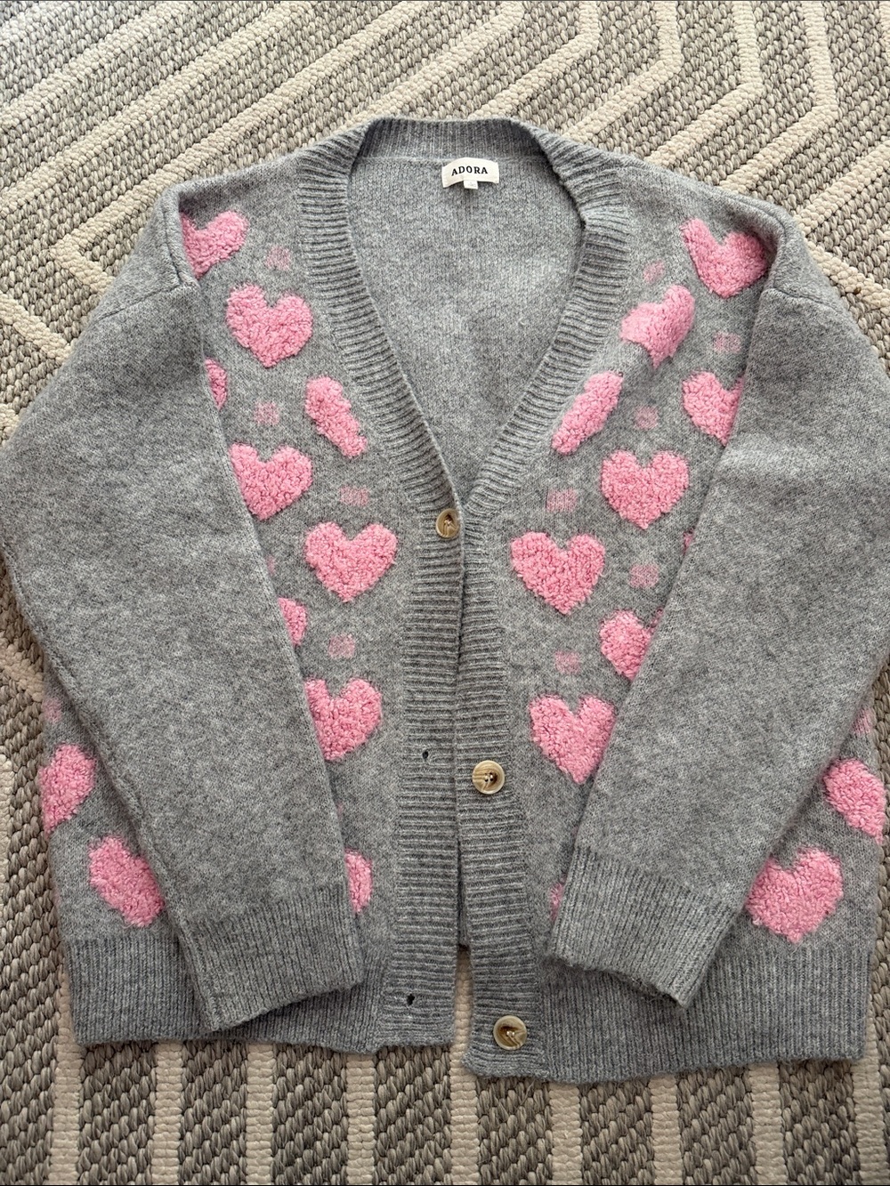 ADORA Gray Cardigan with Pink Heart Motif